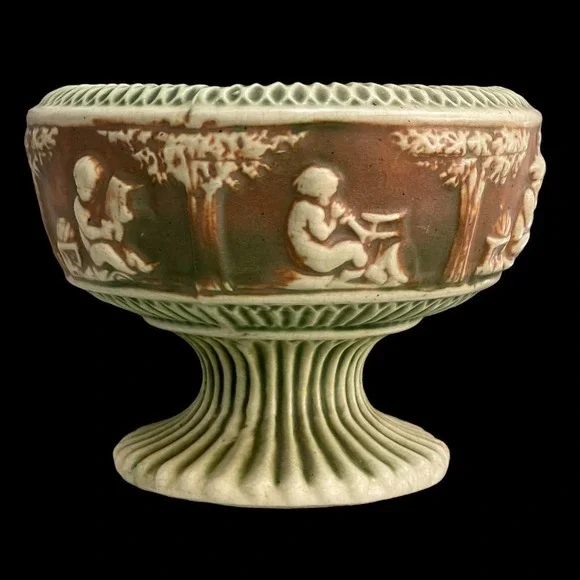 Vintage Early Roseville Pottery Donatello Footed Bowl Compote Cream, Green - Picture 10 of 15